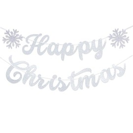 Gidobo Happy Christmas Banner, Silver Glittery Merry Christmas Banner Bunting with Snowflakes for Winter Chrsitmas Eve Party Holiday Wonderland Window Ceiling Home Decorations