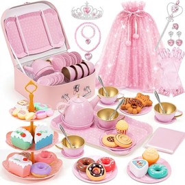 iAOVUEBY Tea Party Set for Little Girls Age 3-8, Kids Princess Pretend Playset Toys Including Teas Set Dessert Princess Dress Up & Carrying Case, Toddler Girls Birthday Gifts, Girl Kitchen Tea Toys