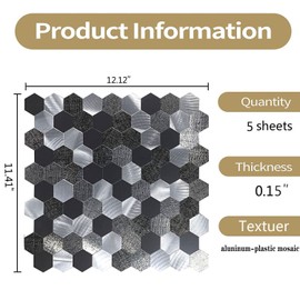 XUANINY 10-Metal Peel and Stick Backsplash Tiles, Aluminum Mosaic Sticker for Kitchen Wall Decor Hexagon Design Frosted 3D Wall Sticker(11.02"x11.5") (Silver Grey Print 10)