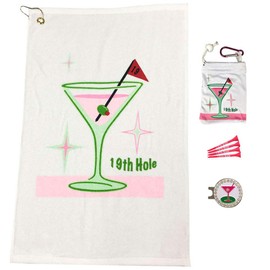 Giggle Golf Par 3 - Golf Towel, Tee Bag with 4 Tees, and Bling Ball Marker with Hat Clip - Perfect Golf Gift for Women (19th Hole)