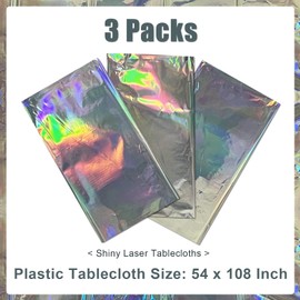 SAJOO 3 Packs Iridescent Plastic Tablecloths 54 x 108 Inch Shiny Disposable Laser Rectangle Table Covers Holographic Foil Table Cloths for Disco Ball Decor Carnivals Parties