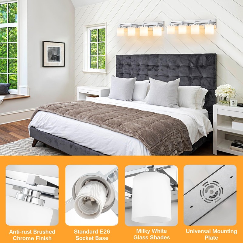 BrkNit 4 Light Modern Bathroom Light Fixtures Over Mirror, Chrome