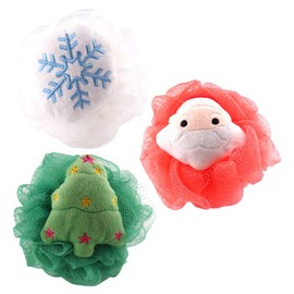 KALLORY 3 Unids Baño De Navidad Loofah Papá Noel Árbol De Navidad Malla Puf Bola Ducha Esponja Depurador Corporal Para Baño Cuerpo Puff Depuradores Para Piel Exfoliante 12X12Cm Colores Variados