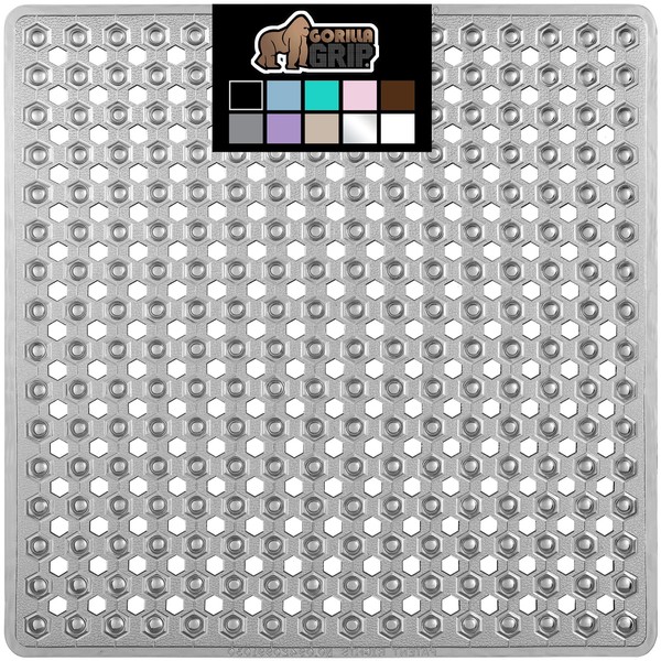 Gorilla Grip Patented Shower and Bathtub Mat, 21x21, Small Square Shower Stall Floor Mats with Suction Cups and Drainage Holes, Machine Washable and Soft on Feet, Bathroom Accessories, Gray