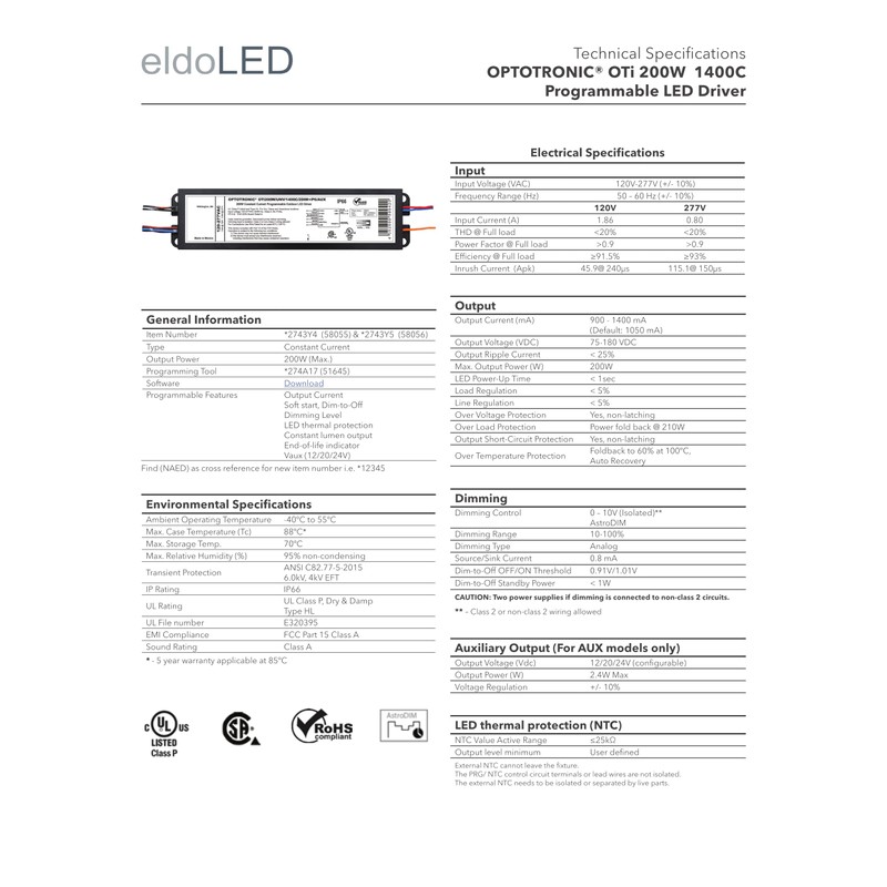 eldoLED | 58056 * 2743Y5 OTi200W/UNV/1400C/2DIM+/P6/AUX OPTOTRONIC LED Driver -