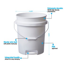 Consolidated Plastics 5 Gallon White Food Grade Buckets with Bottom Grip Handle & Gamma Seal Lids, BPA Free Container Storage, Durable HDPE Pails, Made in USA (3 Pack, Green Lids)