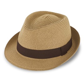 fiebig Jackson Trilby Paper Hat with Coloured Grosgrain Ribbon, Sun Hat Made of 100% Paper, Natural Summer Hat in Many Sizes and Colours, camel