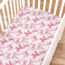 Pink Valentine's Bows Fitted Crib Sheets for Girl 52"x28" Girly Pink Hair Bows Crib Mattress Covers Soft Breathable Valentine Hearts Love Baby Sheets for Standard Crib and Toddler Mattresses Pink