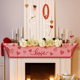 Tatuo Valentine‘s Day Mantle Scarf, Red Heart Lace Mantel Cover Runner for Valentine‘s Day, Wedding, Anniversary, Living Room and Home Decor (1 Piece)