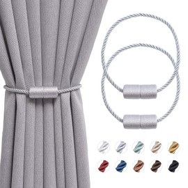 Pretty Jolly 2 Pack Magnetic Curtain Tiebacks 16 Inch Handmade Weave Side Rope Curtain Holdbacks Convenient Decorative Cylinder Curtain Drape Tie Backs for Home & Office Window Drapery (Grey)