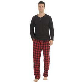 YUSHOW Mens Pajama Set Long Sleeve Henley Neck Button Top Plaid Pants Soft Warm Sleepwear Pjs Set
