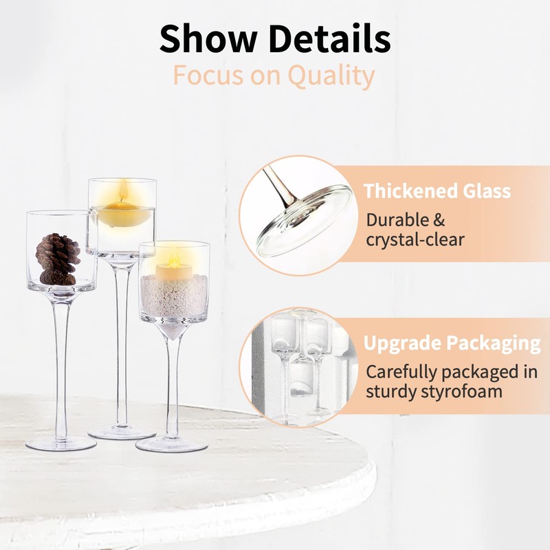 NUPTIO Tealight Candle Holders Glass: Set of 3 Long Stemmed