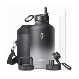 Half Gallon Insulated Water Bottle with Straw & 3 Lids, Coolflask 64 oz Water Jug Large Metal Stainless Steel Wide Mouth for Sports, Gym or Office, Non-BPA Keep Cold 48H Hot 24H, Piano Night