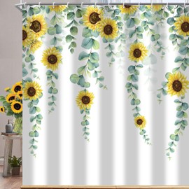 GKLEASG Eucalyptus Sunflower Shower Curtain Sage Green Spring Watercolor Leaves Farmhouse Leaf Plant Bathroom Curtains Waterproof Fabric Bathtub Curtains Set with Hooks 72"x72"