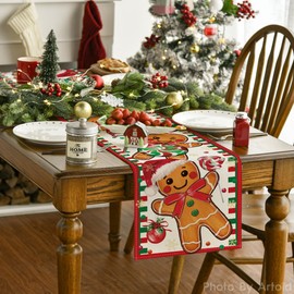 Artoid Mode Gingerbread Candy Cane Christmas Table Runner, Seasonal Winter Kitchen Dining Table Decoration for Home Party Decor 13x108 Inch