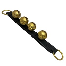 Hanging Sleigh Bells for Door - Shopkeepers Bell Over Door-Brass Door Hanging Bell on Leather Strap-Multi-Purpose Jingle Bell Christmas Sleigh Bells & Dog Training Bells (Black Leather, 4 Brass Bells)