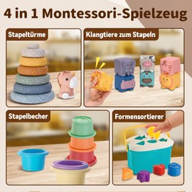 Fullware 4-in-1 Montessori Spielzeug für Babys, Badespielzeug, feinmotorische Übungen, Tastsinn, Stapeln und Stecken, Silikongummi