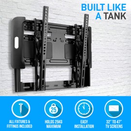 Pyle Home Universal Adjustable TV Wall Mount-Slim Quick Install VESA Mounting Bracket for TV Monitor,Mounts 32 to 47 Inch HDTV,LED,Plasma,Flat,Ultrawide Smart Television Up to 55 LB-Pyle PSW691MT1