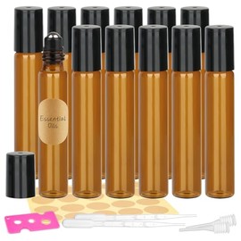 12 Stück Roll on Glasflaschen für Ätherisches Öl, 10ml Roll on Flasche Leer mit Edelstahl-Ball, Braune Rollon Flaschen mit Öffner,Tropfer, Strohhalm, Etiketten für Ätherische Öle, Parfüm, Massage