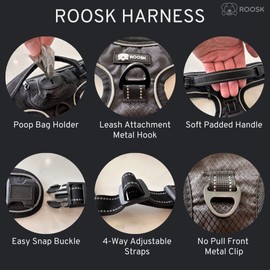ROOSK Dog Harness | No-Pull, Reflective, 4-Way Adjustable w/ Poop Bag Holder | Ultimate Comfort, Soft, Padded Waterproof Oxford w/ Airmesh | 2 Leash Clips (Black, Extra Small)
