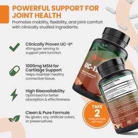 EarthNutri UC-II & MSM Supplement for Bone Health and Joint Flexibility - Supports Mobility & Comfort - 40mg UC-II Providing 10mg Total Collagen & 1000mg MSM - 60 Capsules (2 Caps Daily)
