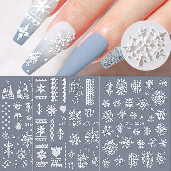 Snowflake Nail Art Sticker Decals 5D Embossed Christmas French White Snowflake Nail Art Supplies Self-adhesive Nail Art Decoration Accessories Snowflakes Lace Lattice Elk Classic Winter Design, 4 Sheets (snowflakes A)
