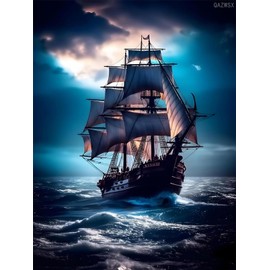 QAZWSX Ocean Diamond Painting Kit, Majestic Pirate Ship Embroidery Painting Kits, Full Drill Crystal Rhinestone Embroidery Pictures Arts Craft, for Room Wall Decor Gifts 12x16 inch