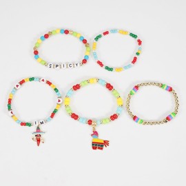 Lonext Cinco De Mayo Mexican Fiesta Bracelets for Women Colorful Polymer Clay Mexican Happy Fiesta Guitar Red Chili Horse Layered Stretch Stackable Charm Bracelet