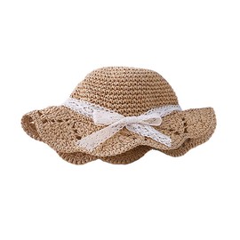 Uniyoung Baby Girls Summer Straw Hat Toddler Kids Lace Bowknot Sun Protection Hats Wide Brim Foldable Beach Hat for Holiday Travel Outdoor (Coffee)