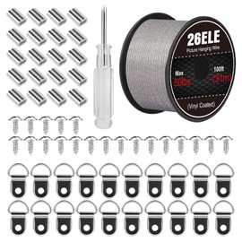 26ELE Picture Hanging Kit, Including Picture Hanging Wire(100 feet) Supports Up to 50lbs, D Ring Picture Hangers and Screws(20pcs Each), 20Pcs Aluminum Crimping Sleeves and 1 Screwdriver