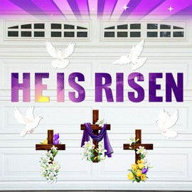 Landhoow He Is Risen Garage Door Decoration Easter Religious Cross Refrigerator Car Magnets Sticker Christian Lily Flower Magnetic Garage Door Magnet Easter Decor for Spring Door Decor Party Supplies