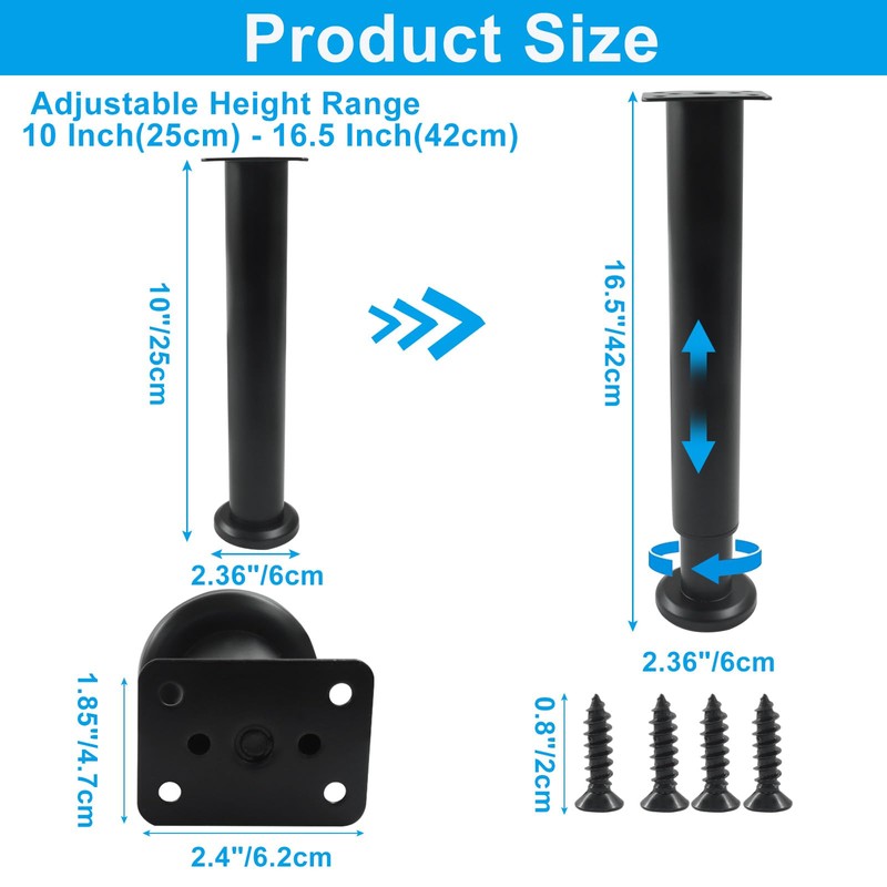 Zorfeter 4Pcs Black Adjustable Height Bed Support Furniture Replacement Legs