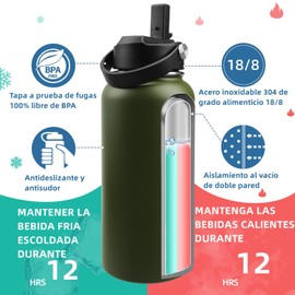 Termo de Acero Inoxidable 32 oz, Termo de Agua con 2 Tapas, Botella de Agua Deportiva de 1 Litro, Doble Pared y Tapa Hermética Antigoteo para Gimnasio, Viaje, Oficina, Escuela, Camping (Verde)