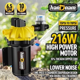 Handnam RV Water Pump 6.5GPM 70PSI 12V DC Water Pump,Five Chamber Self-Priming Diaphragm