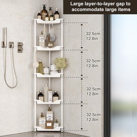 Orimade Rustproof 5 Tier Floor Standing Corner Shower Caddy Organizer, Plastic Metal Splicing Floor Corner Shelf Rack Stands for Bathroom, White