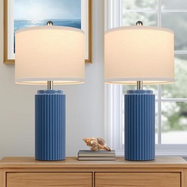23.5’’ Farmhouse Table Lamps for Living Room Set of 2, Modern Elegant Ceramic Bedside Nightstand Lamps with White Linen Shade for Bedroom, Coastal Lamps Set for Study Home Office:_blue_23.5"
