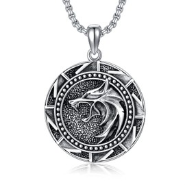 Wolf Viking Necklace 925 Sterling Silver Viking Jewelry for Men Boys Women,2 mm 22+2 In Long Rolo Chain,