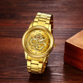 Avaner Men's Stainless Steel Wristwatch Engraved Dragon Dial Analog Quartz Watches with Luminous hands