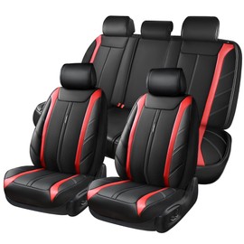 CAR PASS Luxury Faux Leather Seat Covers Full Set, Breathable Sporty Premium Leather Seat Covers, Waterproof Anti Silp Automotive Seat Covers Universal Fit for 95% Trucks SUV Sedans Van,Black and Red