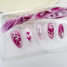 LBPEPAMZ 30Pcs Silver Butterfly Press on Nails Medium Almond Fake Nails with 3D Pearl Design Rose Red Gradient Bow Gilded Metal False Nails Y2K Style Full Cover Acrylic Stick on Nails for Manicure DIY