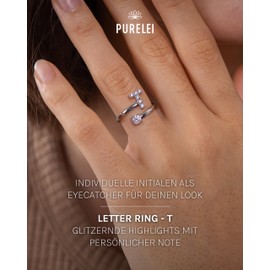 Purelei® Letter Ring - Women's Ring Made of Durable Stainless Steel - Waterproof Rings - Adjustable Rings from Size 50 to 60 - Fashion Jewellery for Your Individual Look, Gemstone, Cubic Zirconia