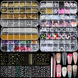 Teenitor Nail Charms Nail Stickers for Nail Art Kit, 8 Boxes Nail Rhinestones Nail Gems Pearls for Nails with 20 Sheets Nail Art Stickers, 3D Gold Nail Charms and Gems Nail Supplies Nail Art Tools