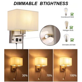 2-Pack Bedside Lights, Plug in Wall Sconce with Two USB Charging Ports, Dimmable Reading Lamp with Fabric Shade and On/Off Switch, for Home or Hotel, Brushed Nickel