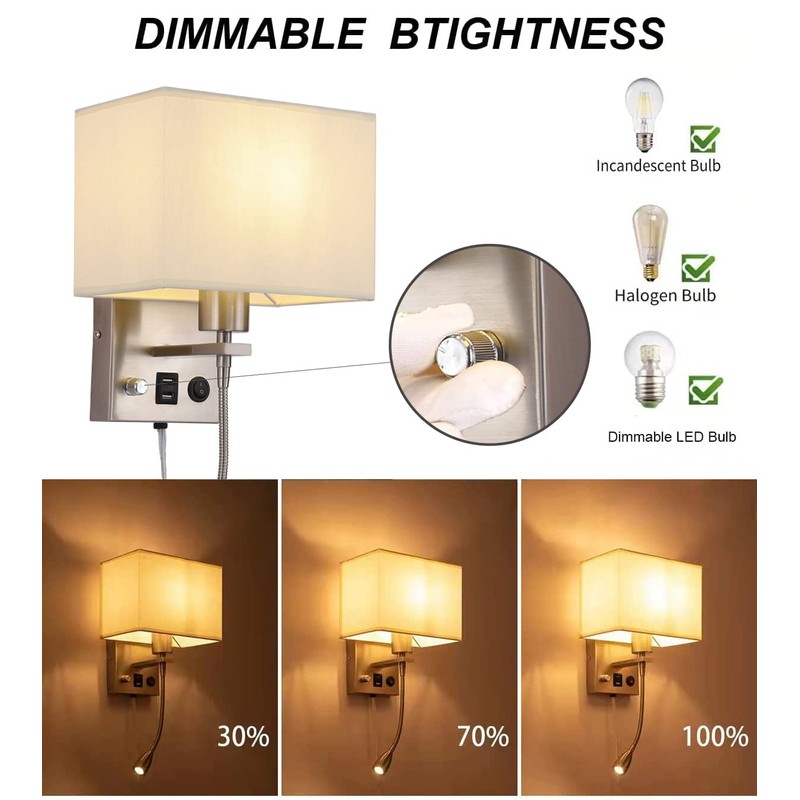 2-Pack Bedside Lights, Plug in Wall Sconce with Two USB