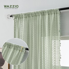 WAZZIO Grey Green Curtains 63 Inch Length 2 Panels Rod Pocket Tassel Boho Crochet Lace Curtains Light Green Bedroom Living Room Curtains See Through Privacy Curtains for Boys Room。Mint Green