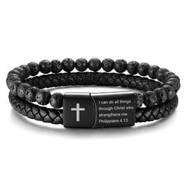 MEALGUET Men's Cross Bracelet for Men : Inspirational Bible Verse Leather Wristband Bracelets Christian Catholic Religious Jewelry Ideas for Man,I can Do All Things,Small