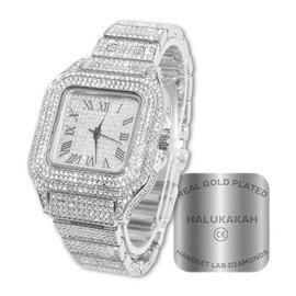 Halukakah Diamond Gold Watch Men's Platinum White Gold-Plated 40 mm Wide Square Dial Quartz Bracelet 24 cm with Gift Box