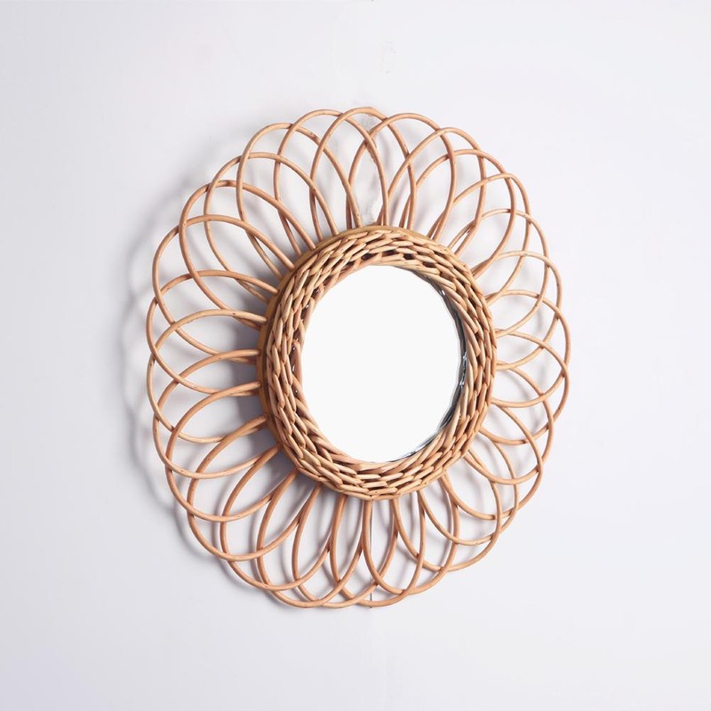 Wall Hanging Mirror Rustic Rattan Makeup Mirror for Bathroom Dressing