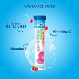 SELTZ Multivitaminas + Vitamina C para Niños, 20 Tabletas Efervescentes Sabor Frambuesa
