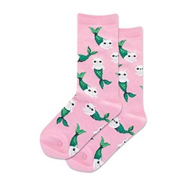 Hotsox Kid's Mermaid Cat Crew Socks 1 Pair, Pink, Kid's Large/Extra Large